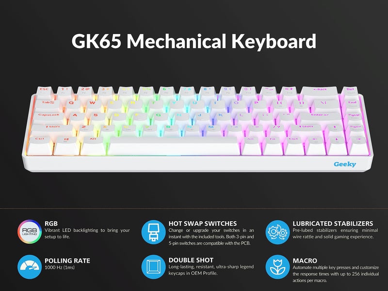Geeky GK65 65% | Hot Swappable Mechanical Gaming Keyboard | 68 Keys Multi Color RGB LED Backlit for PC/Mac Gamer | ANSI US American Layout (White, Mechanical Brown) - Image 5