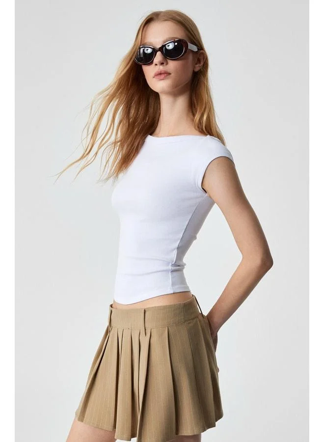 Ethiquet CHINCAGO Women's Regular Striped High-Waist Beige Skirt.