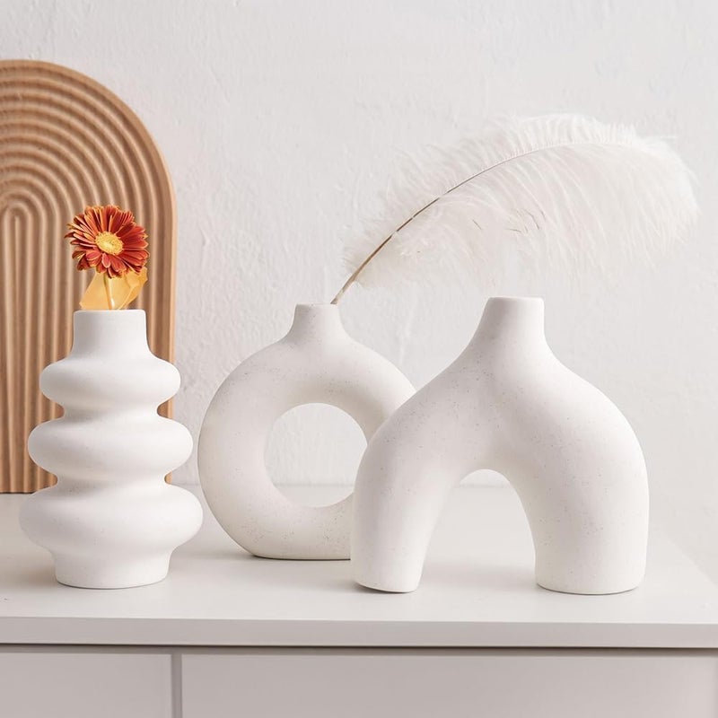 CozyNook Set of 3 Hollow Ceramic Vases, Nordic Boho Modern Decorative Flower Vases for Living Room, Dining Table, Office & Home Decor (White) - Image 2