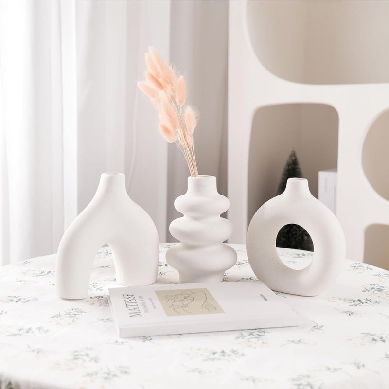 CozyNook Set of 3 Hollow Ceramic Vases, Nordic Boho Modern Decorative Flower Vases for Living Room, Dining Table, Office & Home Decor (White) - Image 3