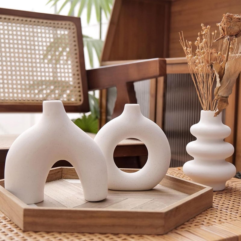 CozyNook Set of 3 Hollow Ceramic Vases, Nordic Boho Modern Decorative Flower Vases for Living Room, Dining Table, Office & Home Decor (White) - Image 5