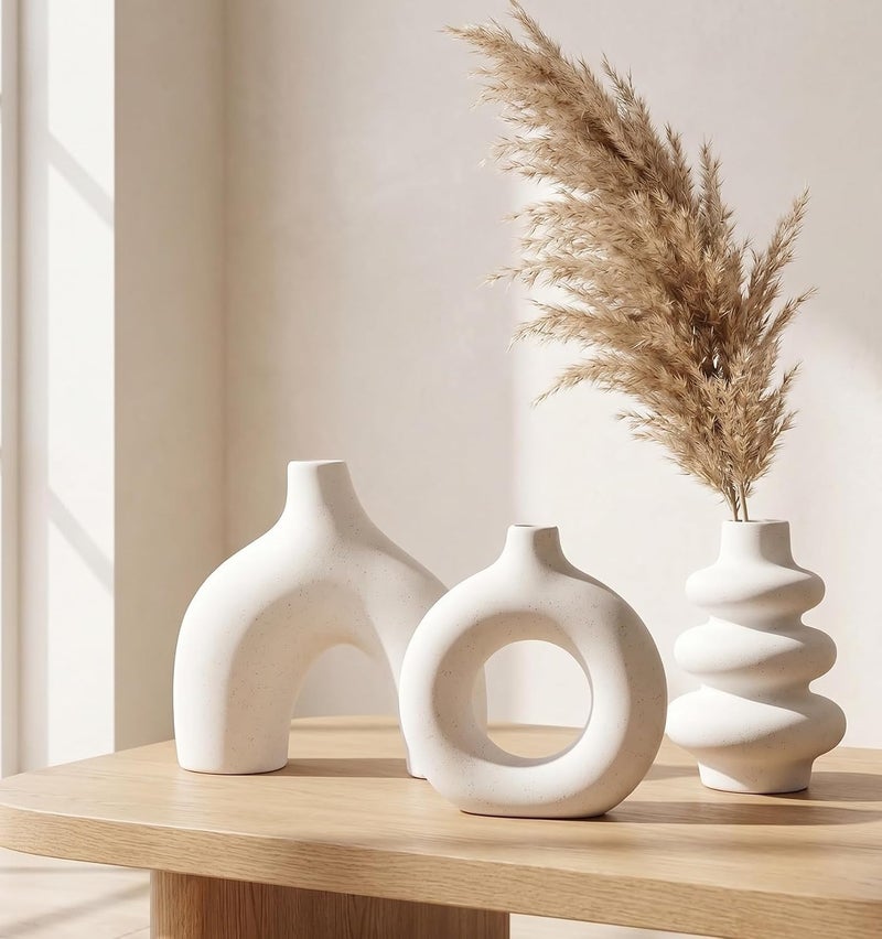 CozyNook Set of 3 Hollow Ceramic Vases, Nordic Boho Modern Decorative Flower Vases for Living Room, Dining Table, Office & Home Decor (White) - Image 1