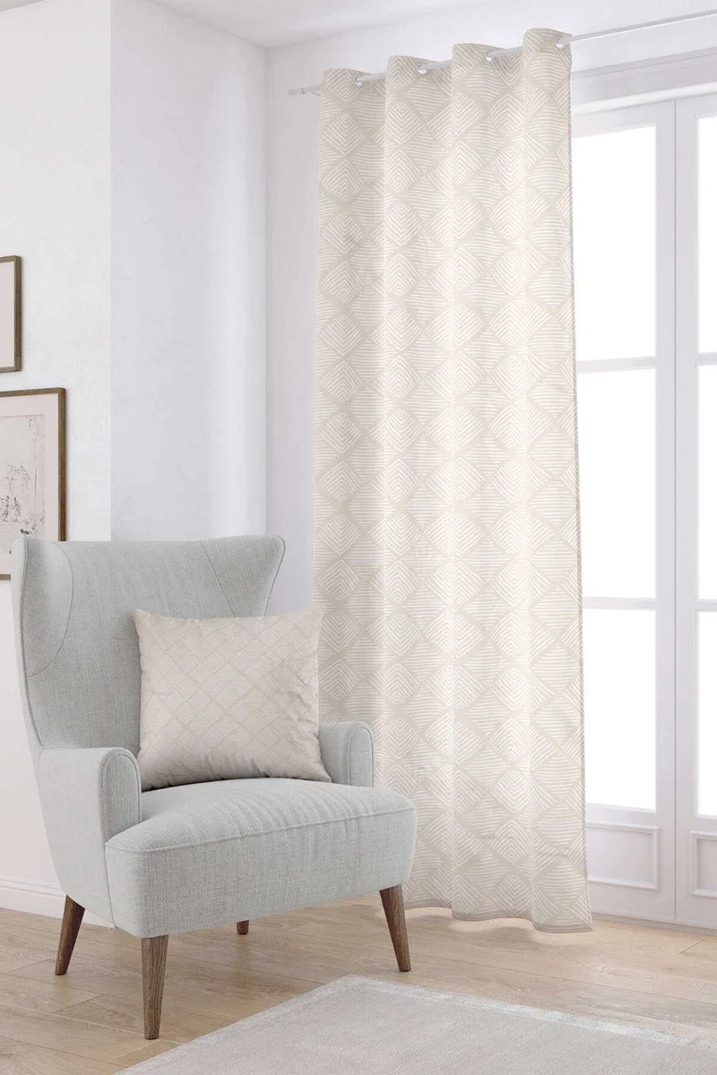 كانغو هوم Cream White Bohemian Scandinavian Geometric Patterned Digital Printed Curtain CGH1210-PR