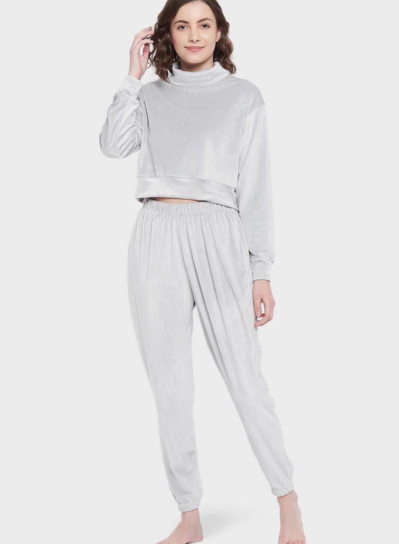 Clovia High Neck Knitted Top & Pyjama Set