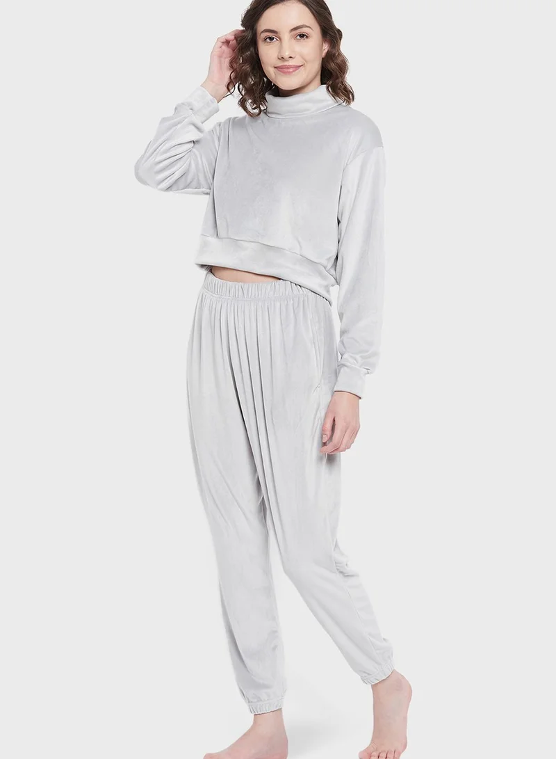 Clovia High Neck Knitted Top & Pyjama Set