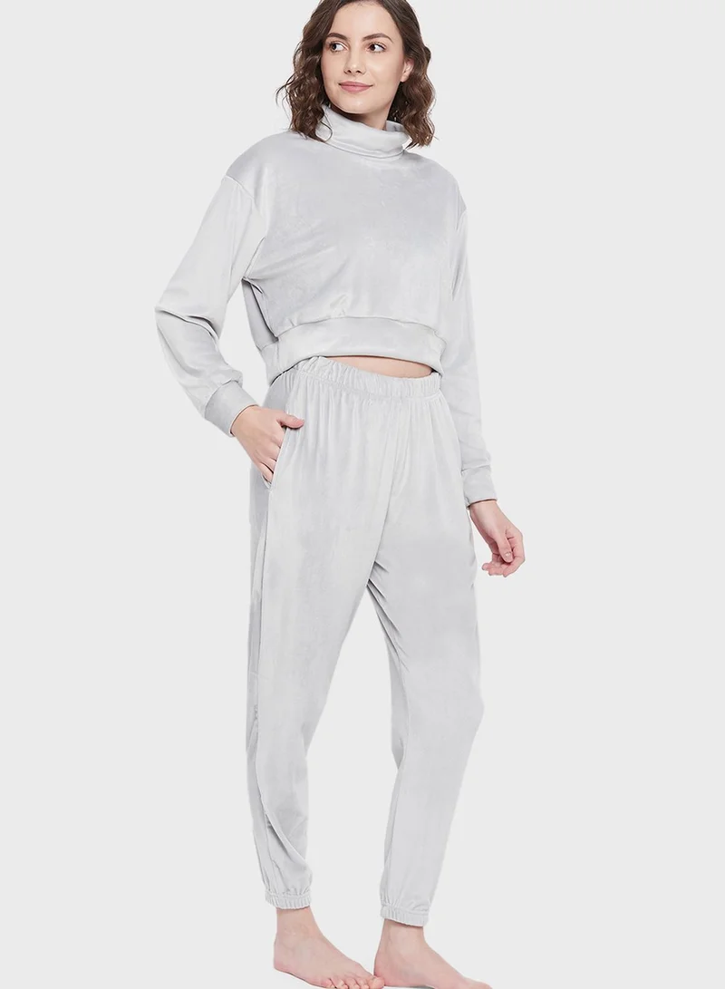 Clovia High Neck Knitted Top & Pyjama Set