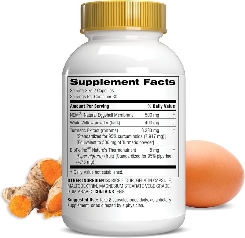 Botanic Choice Fast Act Joint Comfort with NEM Natural Eggshell Membrane Turmeric Curcumin Bioperine  White Willow Bark Supports Joint Health 60 500mg Capsules - Image 2