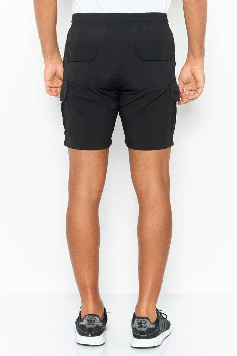 Men Drawstring Plain Cargo Shorts, Black