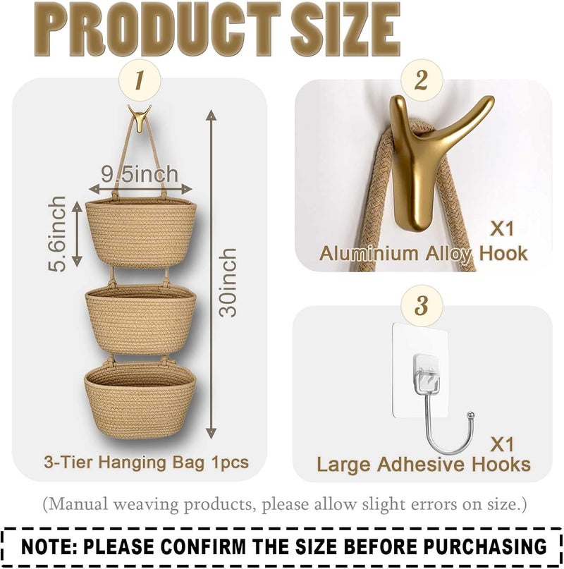HaoTuJoho 3-Tier Decorative Cotton Rope Hanging Basket, Wall-Mounted Woven Storage Organizer Bag, Jute - Image 3