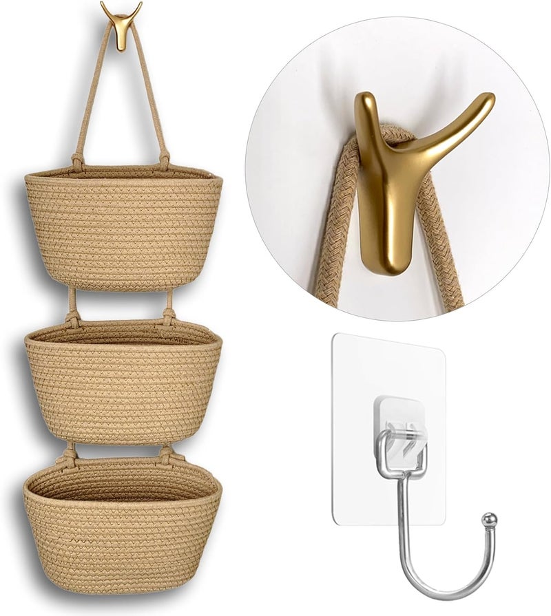 HaoTuJoho 3-Tier Decorative Cotton Rope Hanging Basket, Wall-Mounted Woven Storage Organizer Bag, Jute - Image 1