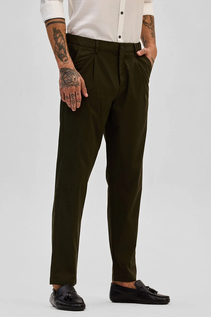 SNITCH Olive Solid Slim Fit Formal Trousers