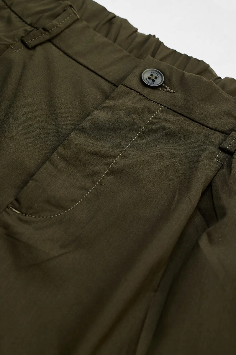 SNITCH Olive Solid Slim Fit Formal Trousers