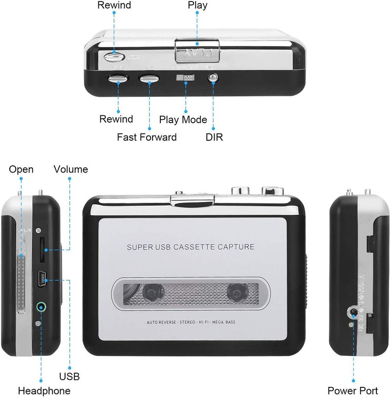 RuhZa USB Cassette Player Capture Cassette Tape-to-MP3 Converter into Computer Stereo HiFi Sound Quality Mega Bass Audio Music Player with Earphone - Image 2