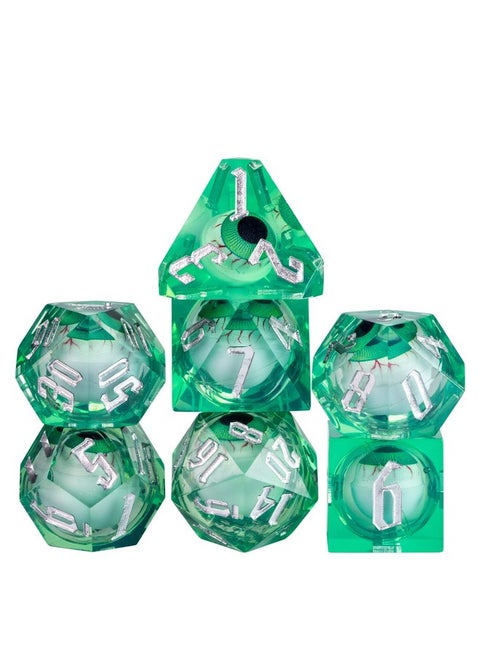 Cusdie 7-Die Liquid Core Eye Dice Handmade DND Dice Set Sharp Edges, Floating Eyeball Dice for Dungeons and DragonsTabletop Role Playing Game(Green Eyeball)