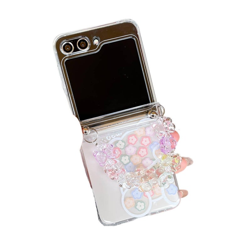 غطاء واقي | نقش الفراشة والزهرة والدب | مقاوم للصدمات لـ Samsung Galaxy Z Flip 6 | Beige PC - Image 1