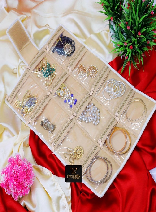 Trendifly Foldable Multipocket Jewellery Organizer Roll Pouch for Women Embroidery Design Portable Travelling Jewelry Bag 12 Transparent Pockets Earrings Necklace Bangles Rings Bracelet Girls (Cream) - Image 1
