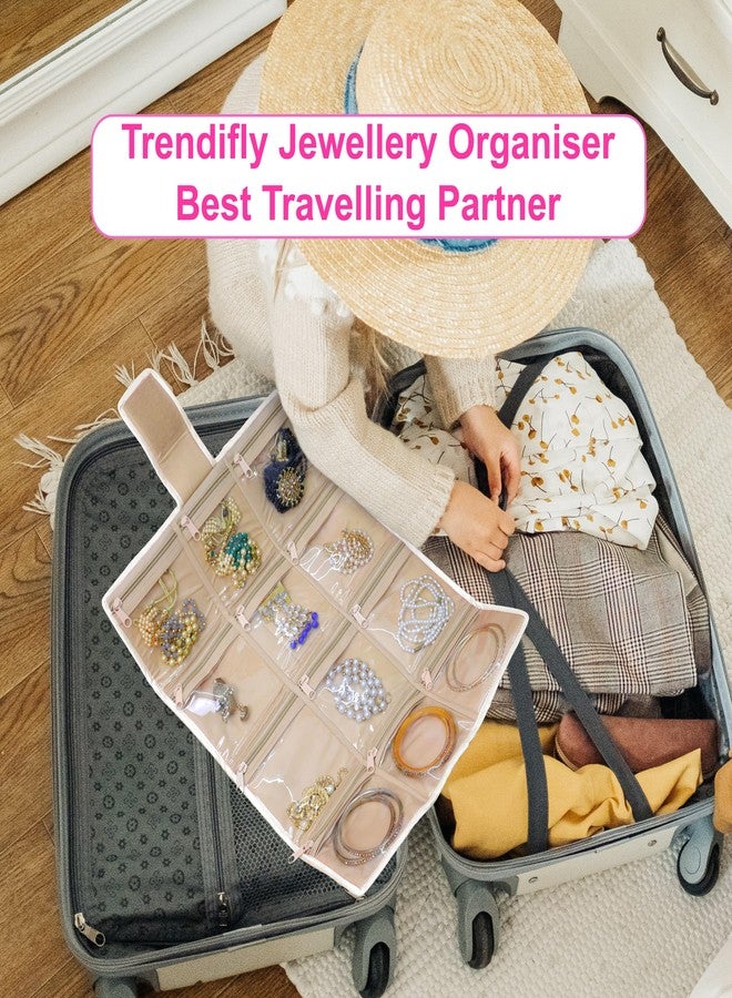 Trendifly Foldable Multipocket Jewellery Organizer Roll Pouch for Women Embroidery Design Portable Travelling Jewelry Bag 12 Transparent Pockets Earrings Necklace Bangles Rings Bracelet Girls (Cream) - Image 5