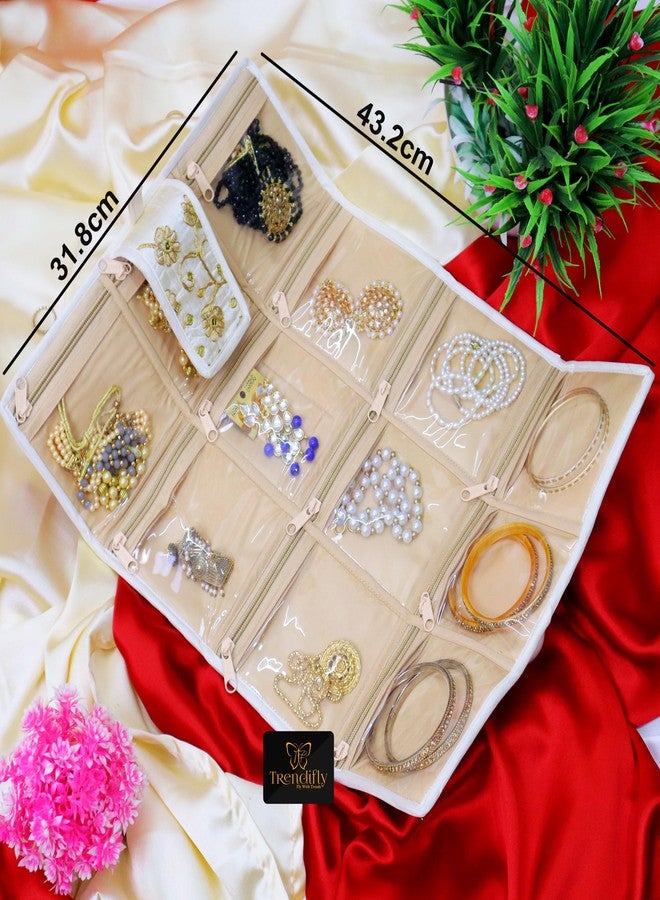 Trendifly Foldable Multipocket Jewellery Organizer Roll Pouch for Women Embroidery Design Portable Travelling Jewelry Bag 12 Transparent Pockets Earrings Necklace Bangles Rings Bracelet Girls (Cream) - Image 4