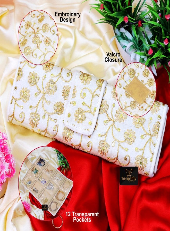 Trendifly Foldable Multipocket Jewellery Organizer Roll Pouch for Women Embroidery Design Portable Travelling Jewelry Bag 12 Transparent Pockets Earrings Necklace Bangles Rings Bracelet Girls (Cream) - Image 3
