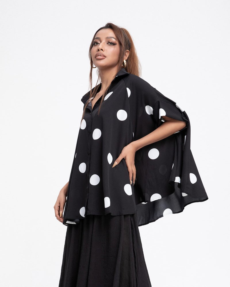 ellazhu Women's Batwing Sleeve Polka Dot Printed Button Down Blouse Oversized Shirt Top for Summer GY1903 Black - Image 4