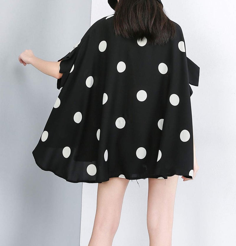 ellazhu Women's Batwing Sleeve Polka Dot Printed Button Down Blouse Oversized Shirt Top for Summer GY1903 Black - Image 3