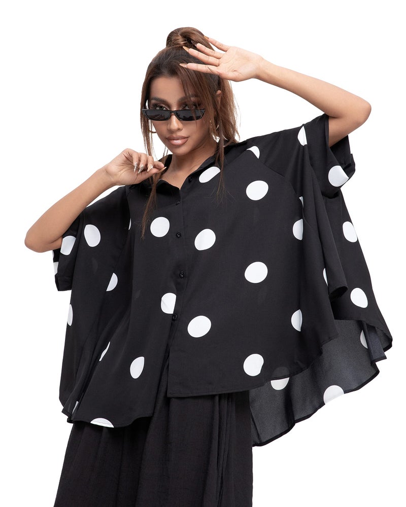 ellazhu Women's Batwing Sleeve Polka Dot Printed Button Down Blouse Oversized Shirt Top for Summer GY1903 Black - Image 1