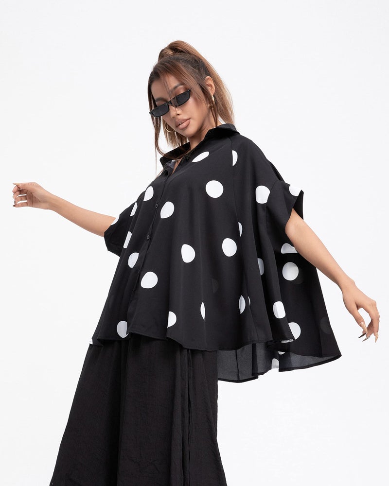 ellazhu Women's Batwing Sleeve Polka Dot Printed Button Down Blouse Oversized Shirt Top for Summer GY1903 Black - Image 2