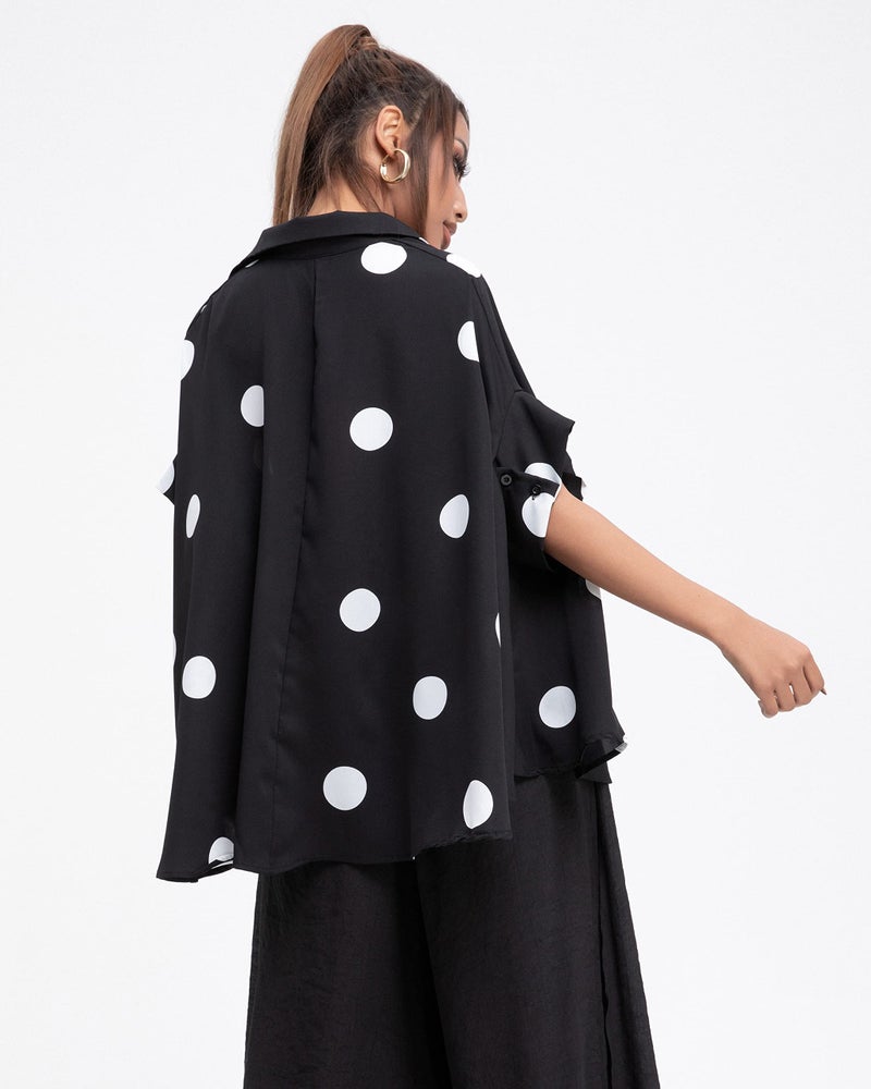ellazhu Women's Batwing Sleeve Polka Dot Printed Button Down Blouse Oversized Shirt Top for Summer GY1903 Black - Image 5