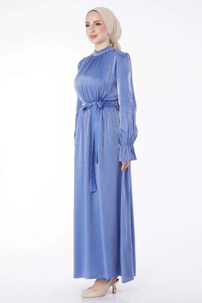 Tofisa Plain Judge Collar Women's Blue Stone Detailed Belted Dress - 25077