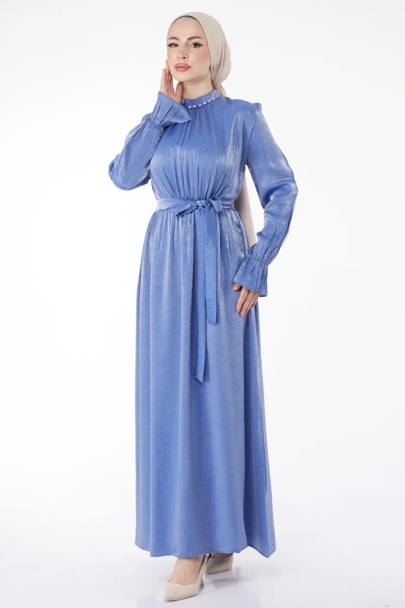 Tofisa Plain Judge Collar Women's Blue Stone Detailed Belted Dress - 25077