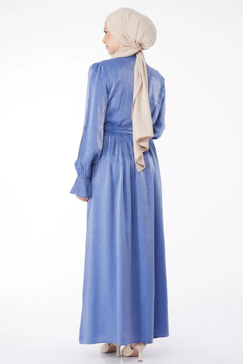 Tofisa Plain Judge Collar Women's Blue Stone Detailed Belted Dress - 25077