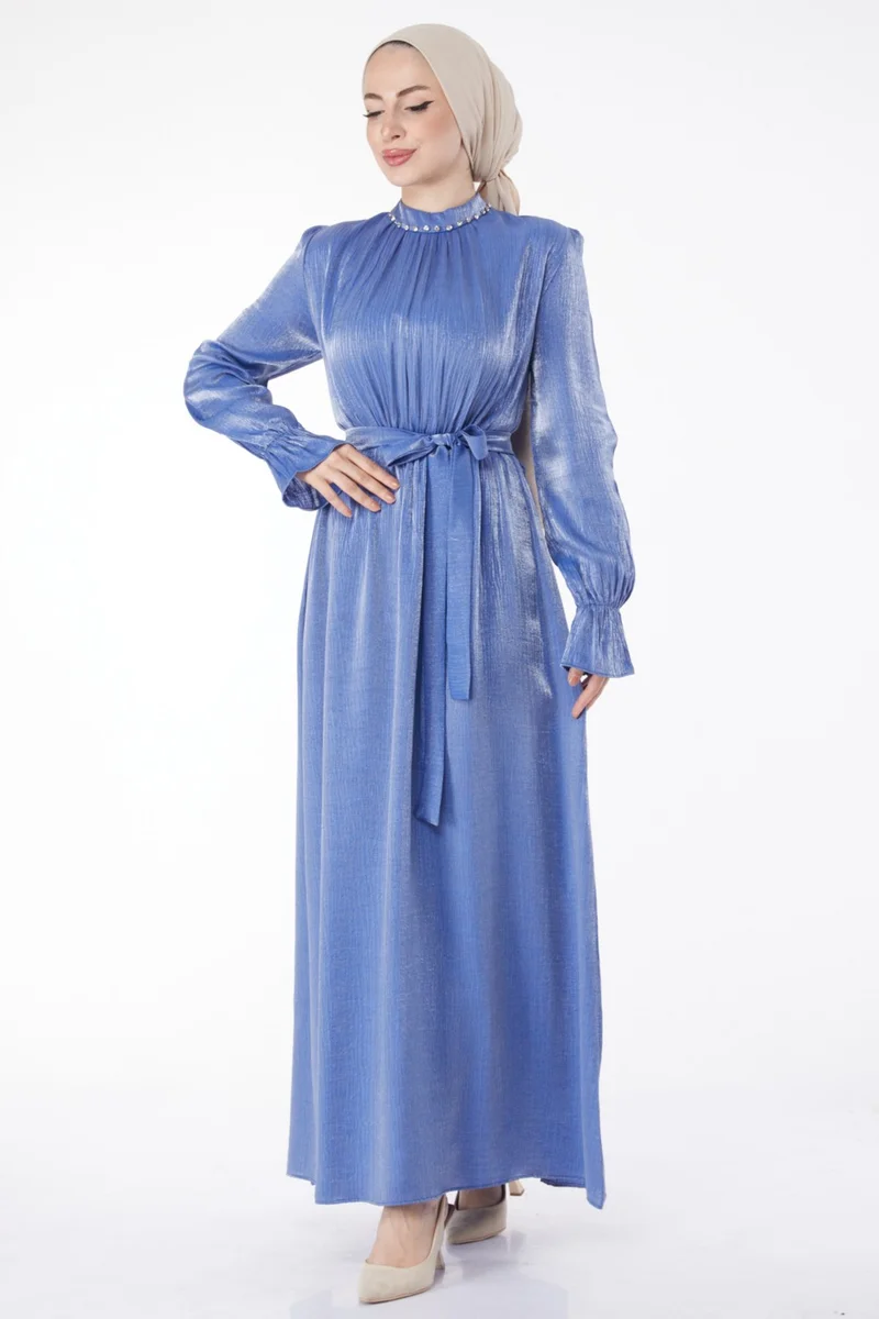 Tofisa Plain Judge Collar Women's Blue Stone Detailed Belted Dress - 25077