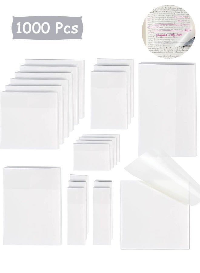 1000 Pcs Transparent Self Adhesive Sticky Notes - 6 Sizes Waterproof Clear Sticky Notes Pads Self-Stick Translucent Sticky Notes for Annotating Books, Planner Sticky Notes Tabs for School Supplies, Office, Book Notes