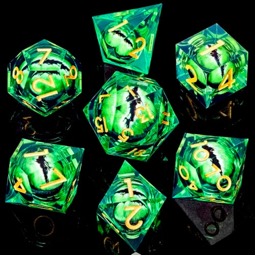 ARUOHHA DND Resin Dice Dragon Eye Dice Liquid Core Green Sharp Edged Dice Set with Gift Box Dungeons Polyhedral D and D Dice Set Compatible with DD Role Playing Game D20 D12 D10 D8 D6 - Image 5