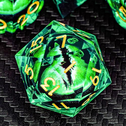 ARUOHHA DND Resin Dice Dragon Eye Dice Liquid Core Green Sharp Edged Dice Set with Gift Box Dungeons Polyhedral D and D Dice Set Compatible with DD Role Playing Game D20 D12 D10 D8 D6 - Image 1