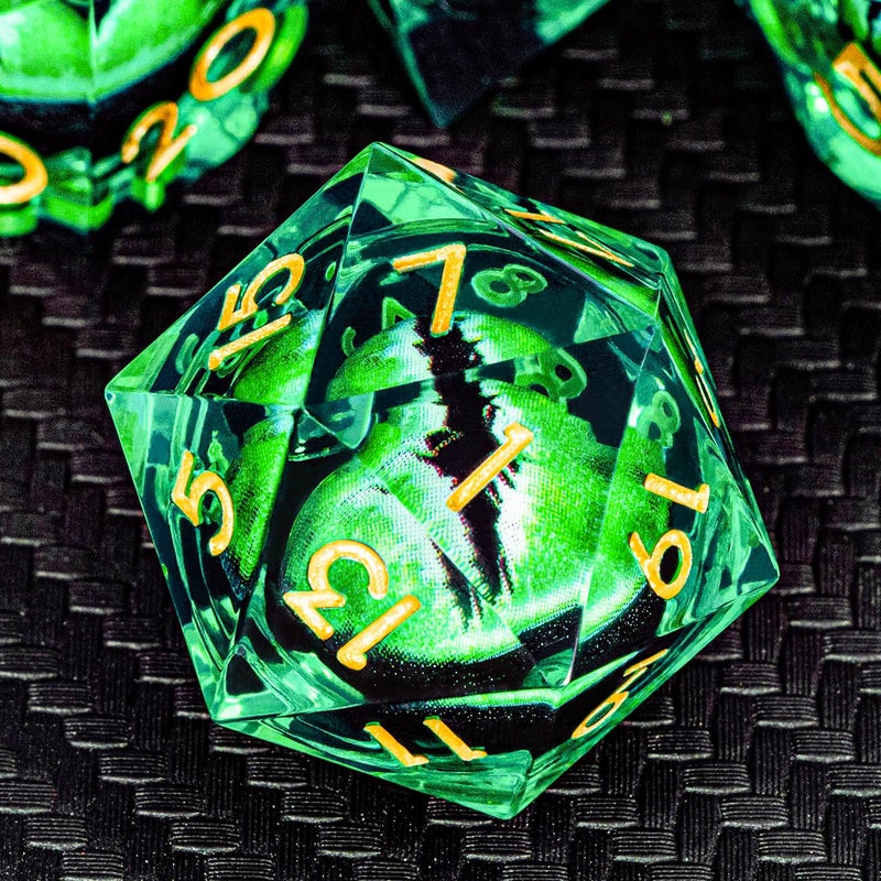 ARUOHHA DND Resin Dice Dragon Eye Dice Liquid Core Green Sharp Edged Dice Set with Gift Box Dungeons Polyhedral D and D Dice Set Compatible with DD Role Playing Game D20 D12 D10 D8 D6 - Image 3