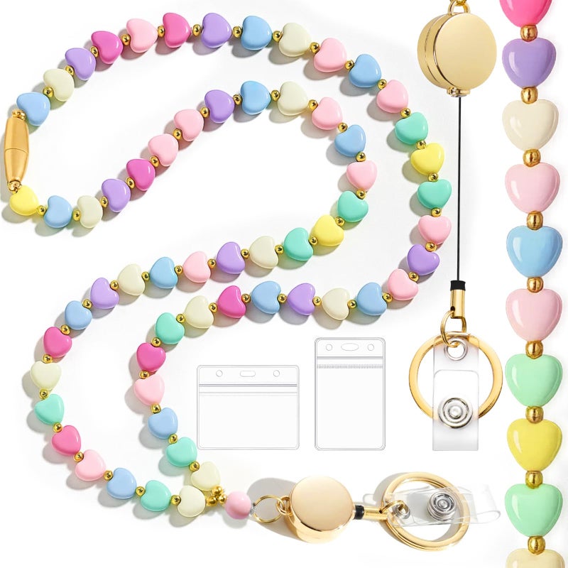 Toykee Lanyards with ID Badges Holder for Teachers Keys Card - Heart Women Breakaway Retractable Beaded Necklace Break Away Lanyard with Holder for Name Tag Cruise Ship - Image 1