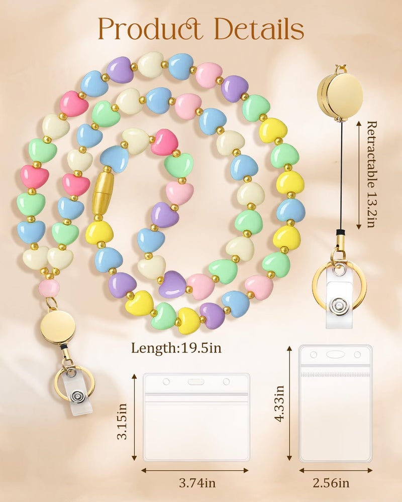 Toykee Lanyards with ID Badges Holder for Teachers Keys Card - Heart Women Breakaway Retractable Beaded Necklace Break Away Lanyard with Holder for Name Tag Cruise Ship - Image 5