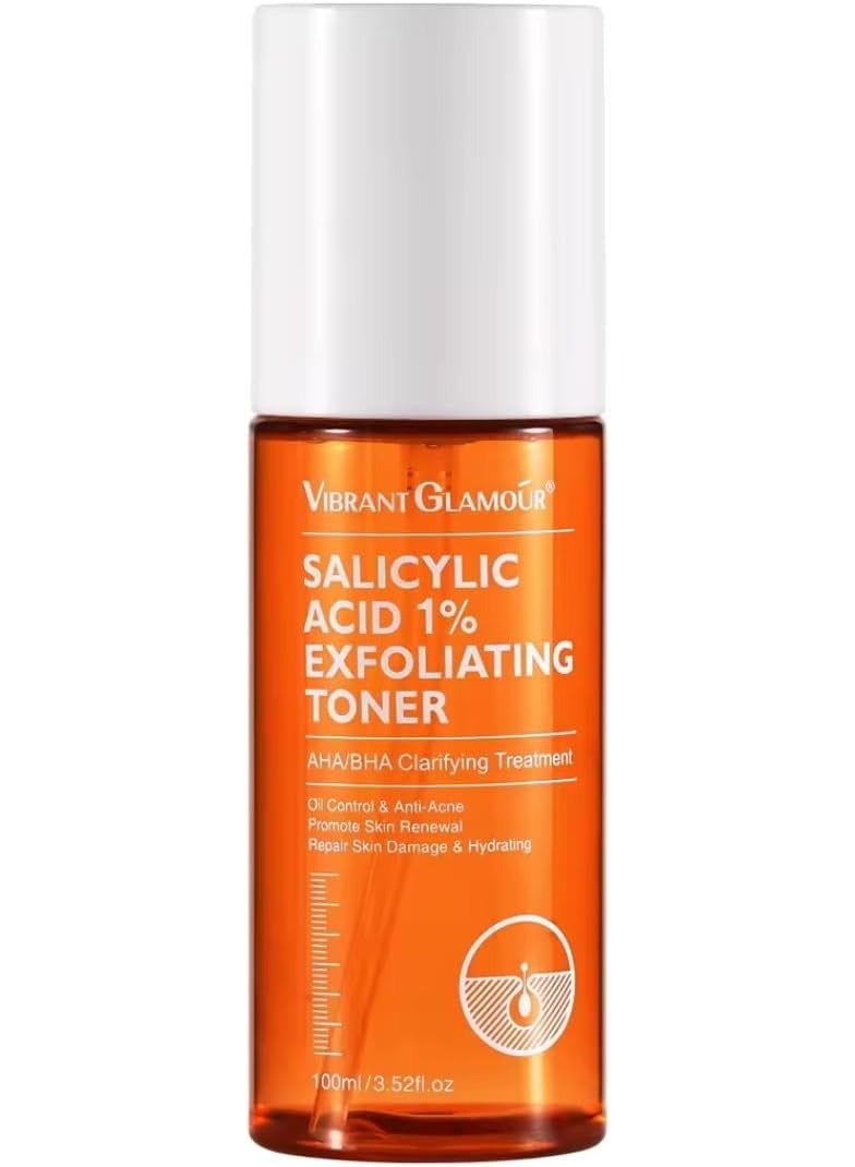Vibrant Glamour 100 مل من حمض الساليسيليك 1% تونر مقشر للبشرة مقشر سائل للوجه يحتوي على 1% من حمض بيتا هيدروكسي وحمض ألفا هيدروكسي للتحكم في الزيوت ومكافحة حب الشباب وتجديد البشرة وإصلاح البشرة التالفة ومصل ترطيب الوجه - Image 1