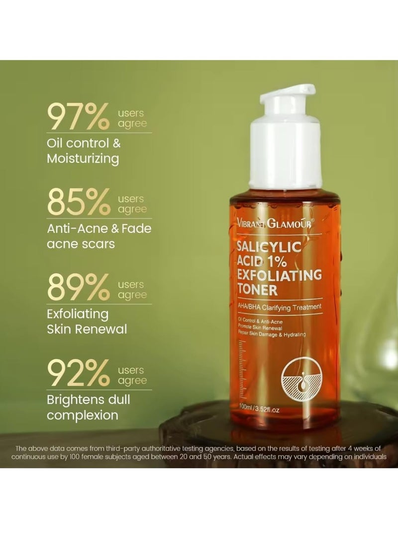 Vibrant Glamour 100 مل من حمض الساليسيليك 1% تونر مقشر للبشرة مقشر سائل للوجه يحتوي على 1% من حمض بيتا هيدروكسي وحمض ألفا هيدروكسي للتحكم في الزيوت ومكافحة حب الشباب وتجديد البشرة وإصلاح البشرة التالفة ومصل ترطيب الوجه - Image 5
