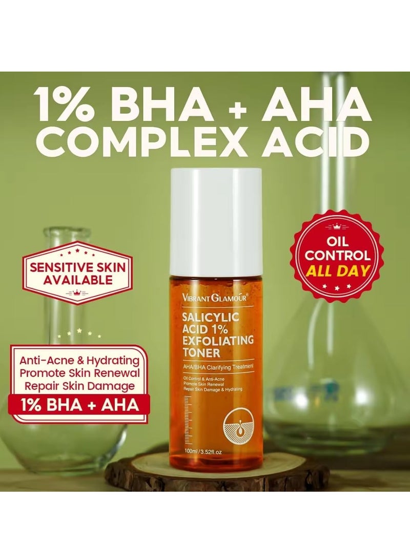 Vibrant Glamour 100 مل من حمض الساليسيليك 1% تونر مقشر للبشرة مقشر سائل للوجه يحتوي على 1% من حمض بيتا هيدروكسي وحمض ألفا هيدروكسي للتحكم في الزيوت ومكافحة حب الشباب وتجديد البشرة وإصلاح البشرة التالفة ومصل ترطيب الوجه - Image 2