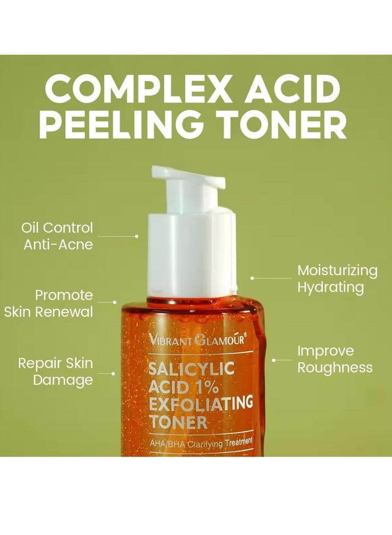 Vibrant Glamour 100 مل من حمض الساليسيليك 1% تونر مقشر للبشرة مقشر سائل للوجه يحتوي على 1% من حمض بيتا هيدروكسي وحمض ألفا هيدروكسي للتحكم في الزيوت ومكافحة حب الشباب وتجديد البشرة وإصلاح البشرة التالفة ومصل ترطيب الوجه - Image 3