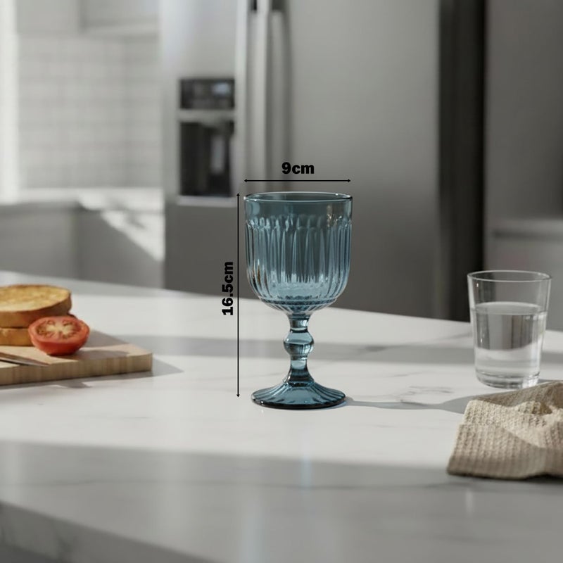 Goblet set, 6 pieces,Medium Size, Ribbed design, High quality Glass - Blue - Image 3