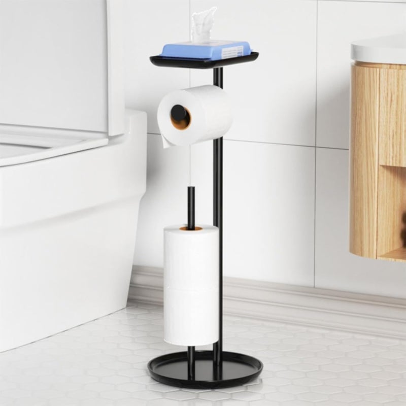 niffgaff Toilet Paper Holder Stand with Top Storage Shelf, Black Toilet Paper Roll Holder Free Standing, Floor Standing Toilet Roll Dispenser Storages 4 Reserve Rolls