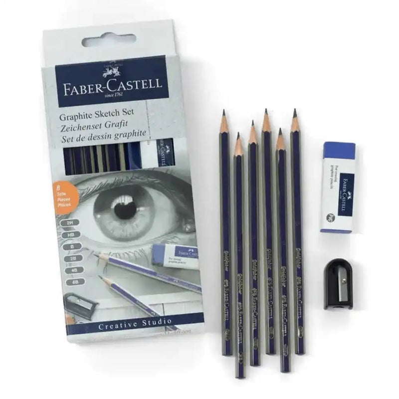 Faber Castell Graphite Sketch Pencil Set With Eraser And Sharpener- 6pcs