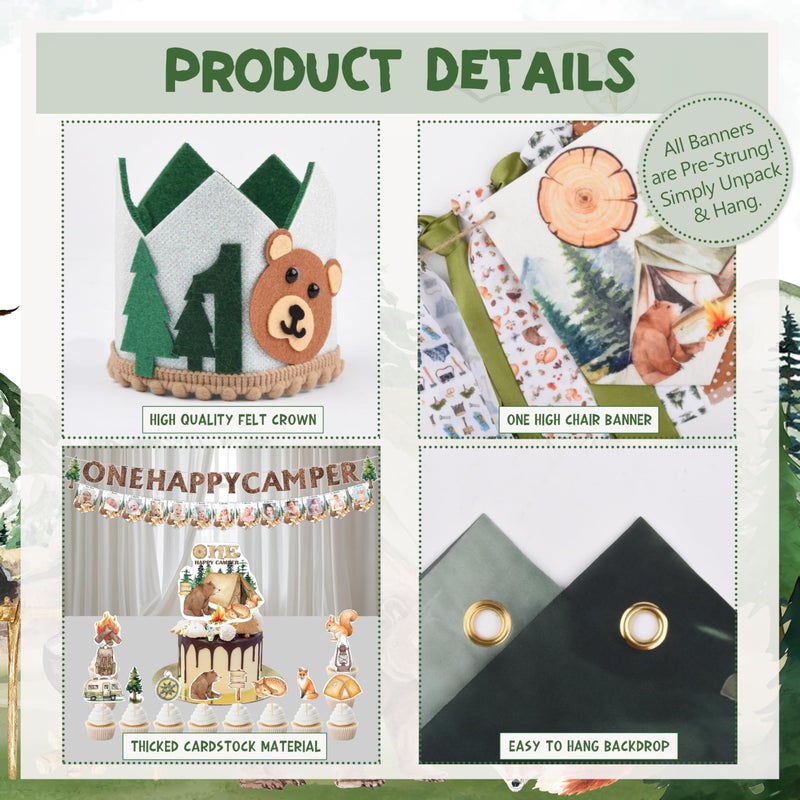 THAWAY One Happy Camper Birthday Decorations 109Pcs Camping 1st Birthday Party Supplies Camp Themed Balloon Garland with Balloon Box Backdrop Monthly Photo High Chair Banner Cake Topper Cutout Crown Poster - Image 4