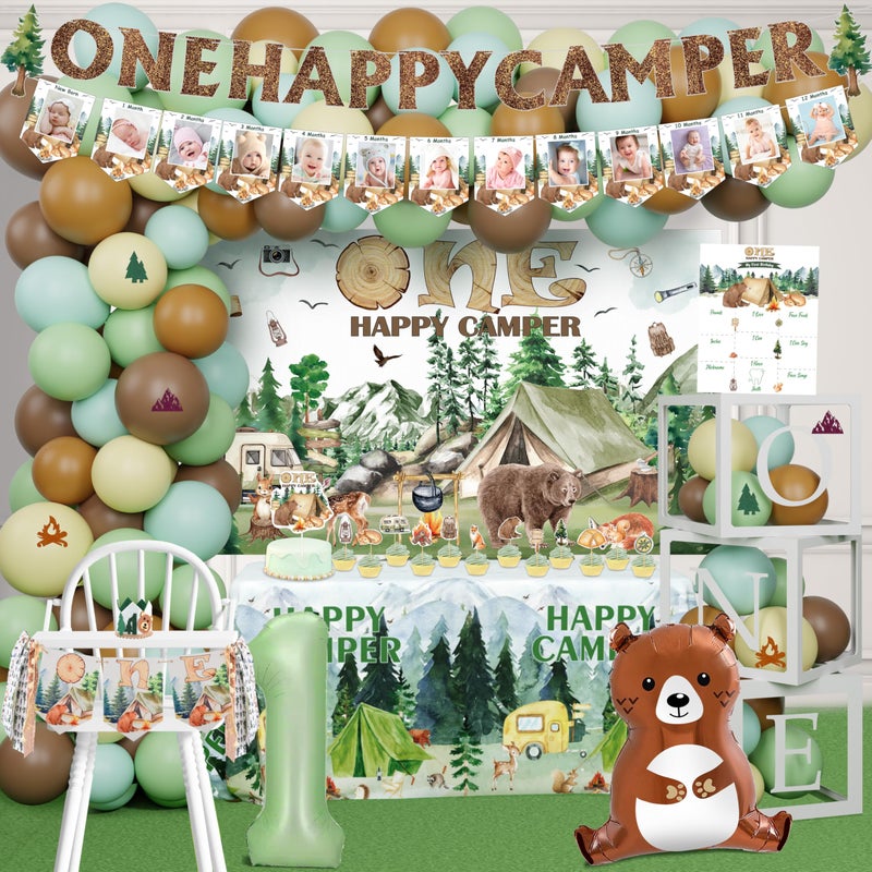 THAWAY One Happy Camper Birthday Decorations 109Pcs Camping 1st Birthday Party Supplies Camp Themed Balloon Garland with Balloon Box Backdrop Monthly Photo High Chair Banner Cake Topper Cutout Crown Poster - Image 1