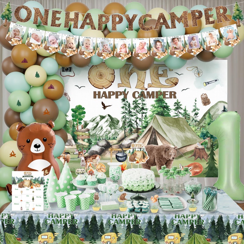 THAWAY One Happy Camper Birthday Decorations 109Pcs Camping 1st Birthday Party Supplies Camp Themed Balloon Garland with Balloon Box Backdrop Monthly Photo High Chair Banner Cake Topper Cutout Crown Poster - Image 5