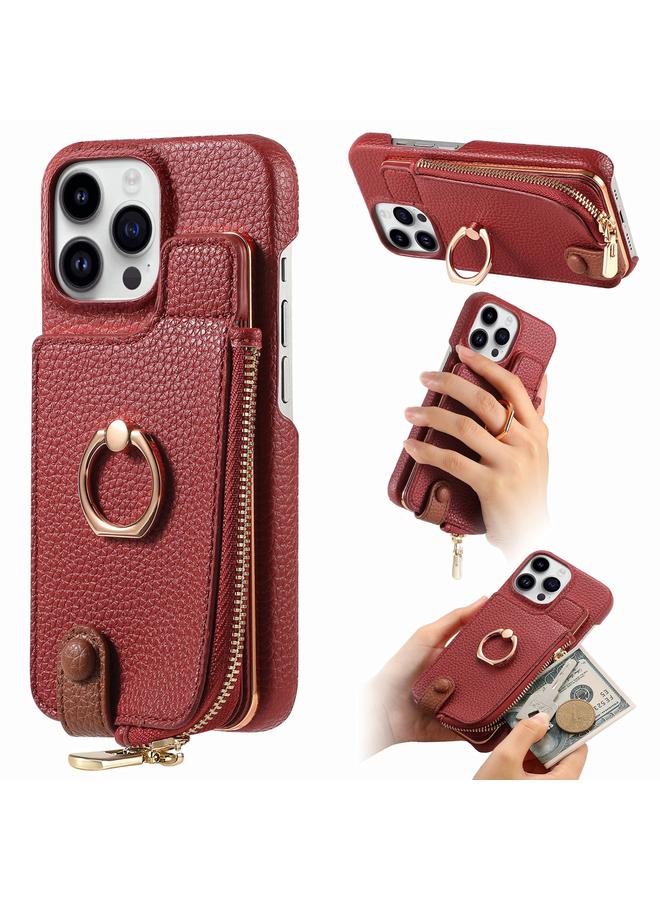 اس-توب جراب لهاتف iPhone 15 Pro مصنوع من جلد الليتشي مع حافة زيتية وسحاب ومحفظة خلفية للهاتف - Image 1