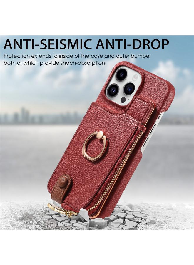 اس-توب جراب لهاتف iPhone 15 Pro مصنوع من جلد الليتشي مع حافة زيتية وسحاب ومحفظة خلفية للهاتف - Image 2